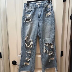 Flying Monkey Light Blue Distressed Straight Leg Jeans - Women's